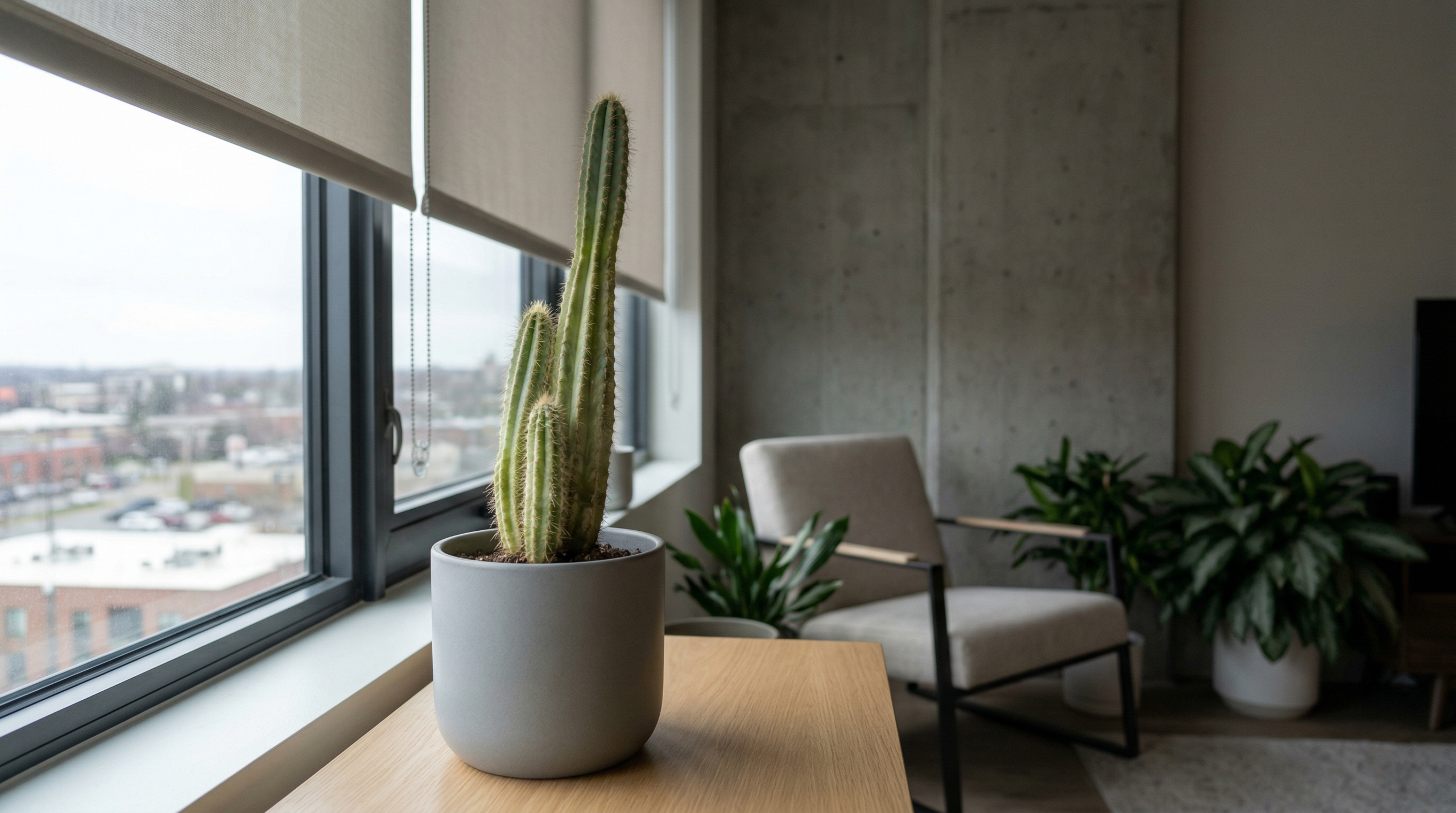 Saguaro cactus struggling to grow indoors near window light