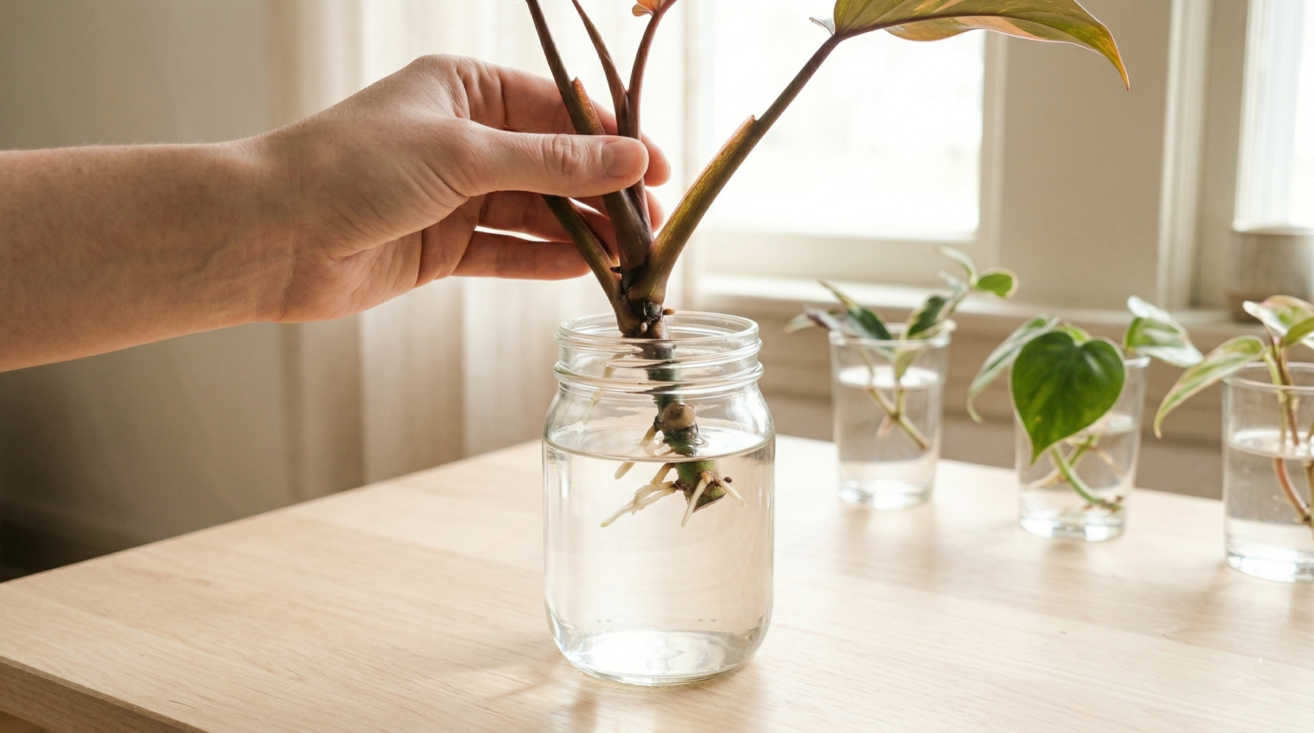 
Philodendron stem cutting propagating in water with visible roots