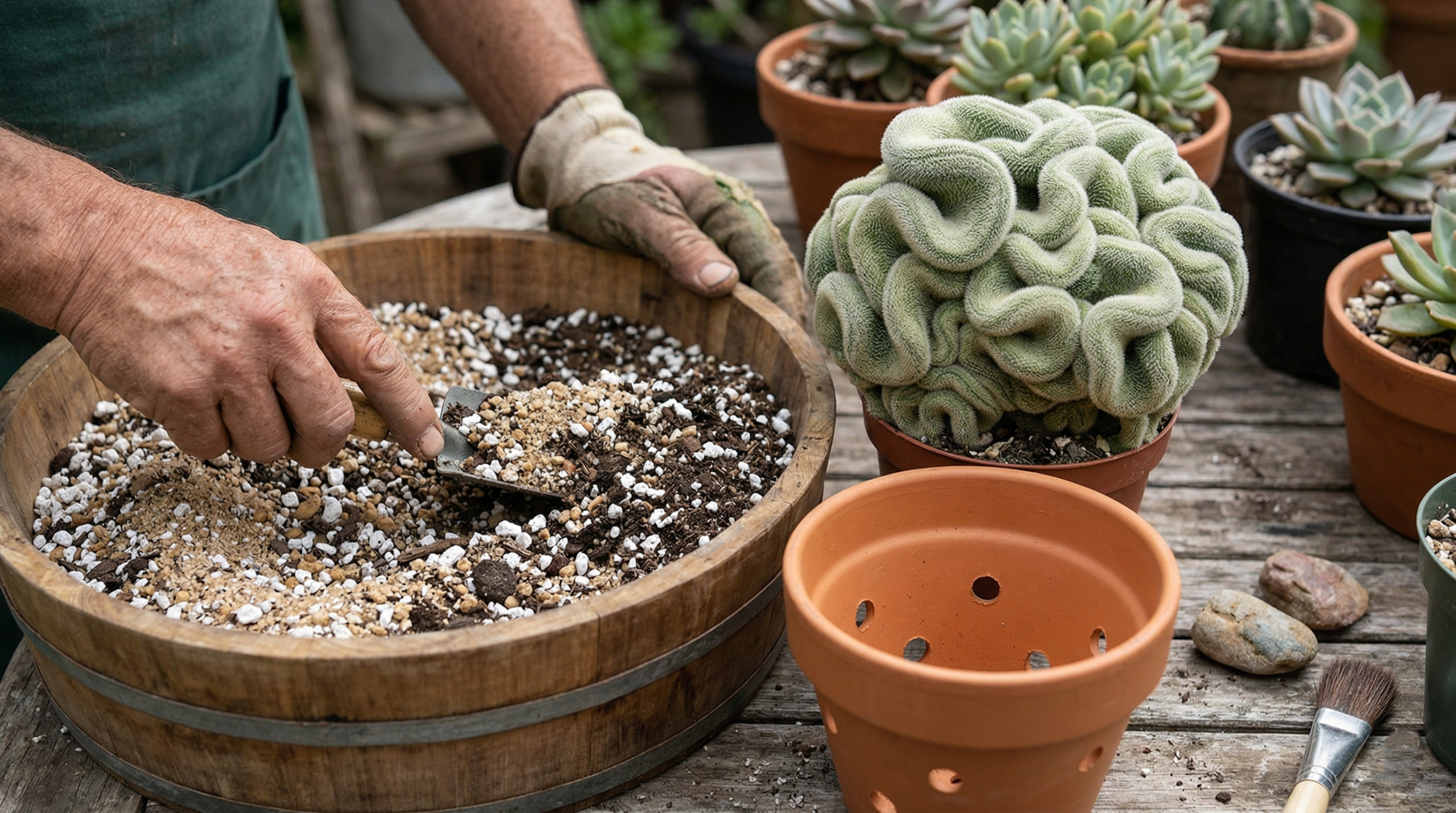 
"Preparing cactus soil mix for potting a brain cactus."