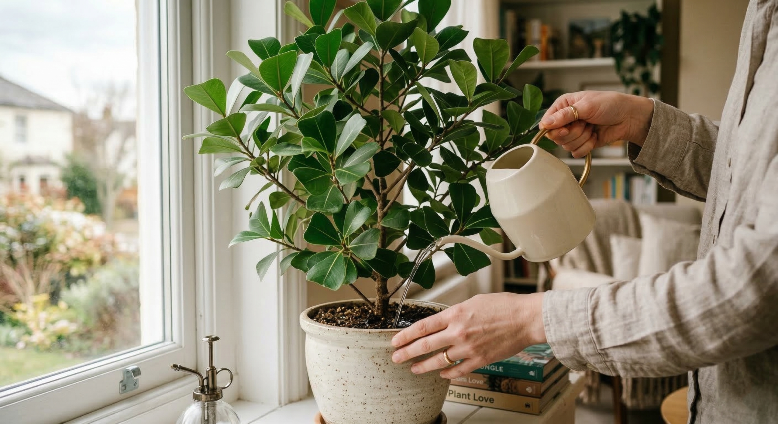 "Watering a Ficus Triangularis plant in a well-draining pot, showing healthy green leaves."