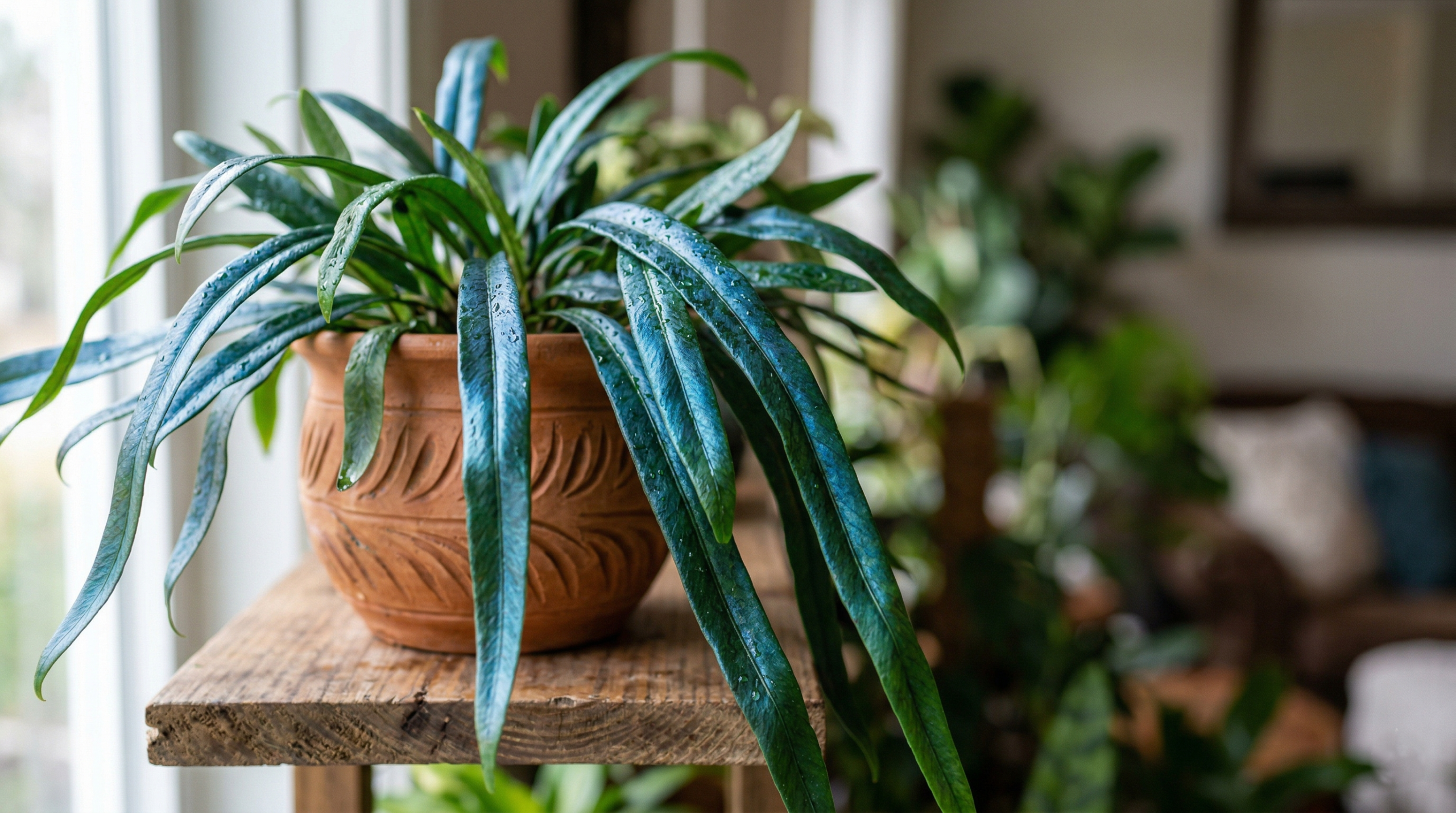 Close-up of blue oil fern with metallic blue-green iridescent leaves