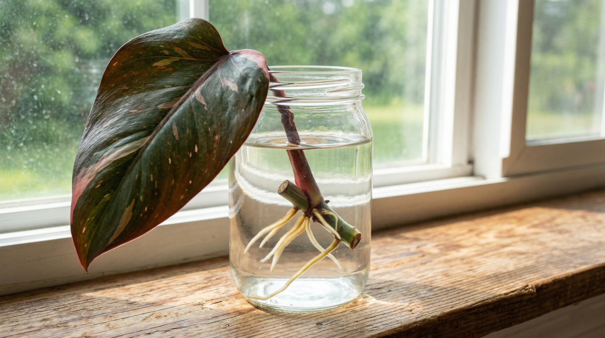 Philodendron Red Anderson stem cutting propagating in water with visible roots