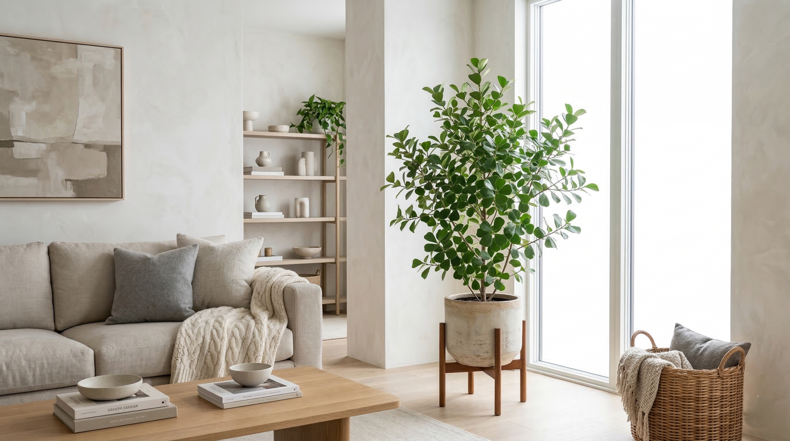 "Ficus Triangularis in a bright living room with modern decor and indirect sunlight."