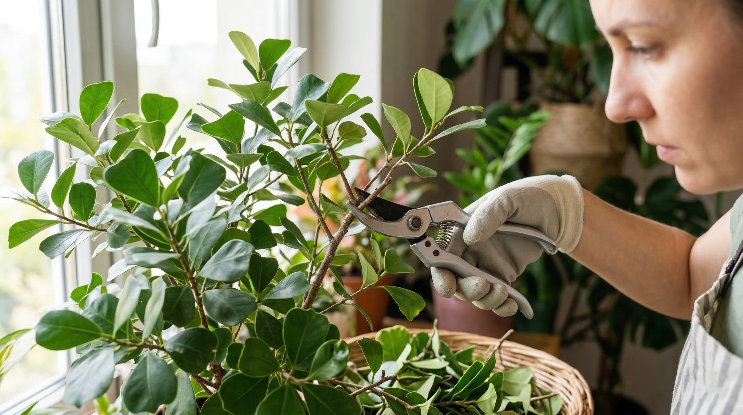 "Pruning Ficus Triangularis with sharp shears to maintain a healthy shape."