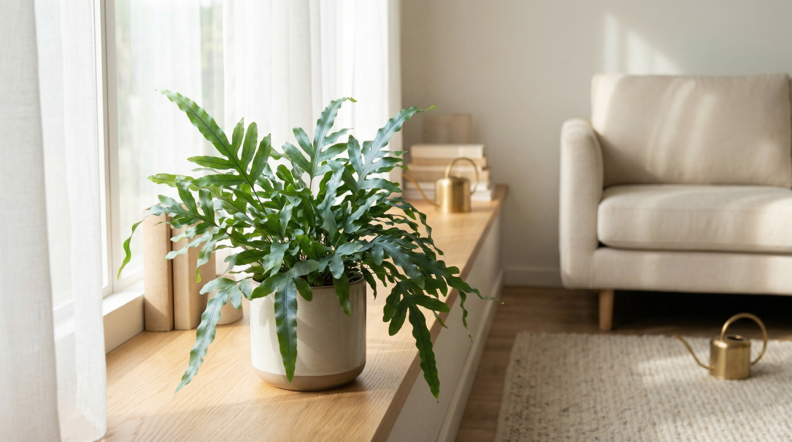 Blue oil fern placed in bright indirect light near indoor window