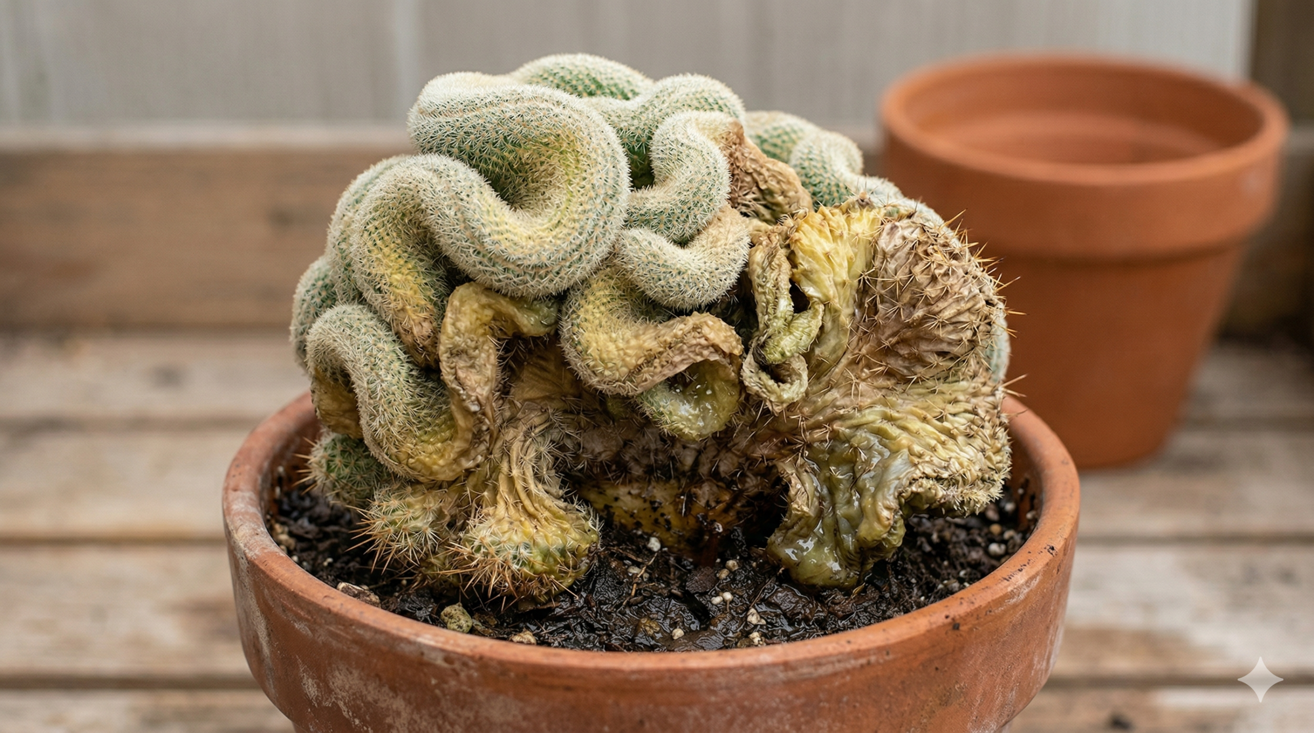 "Brain cactus showing yellowing and shriveled segments from overwatering."