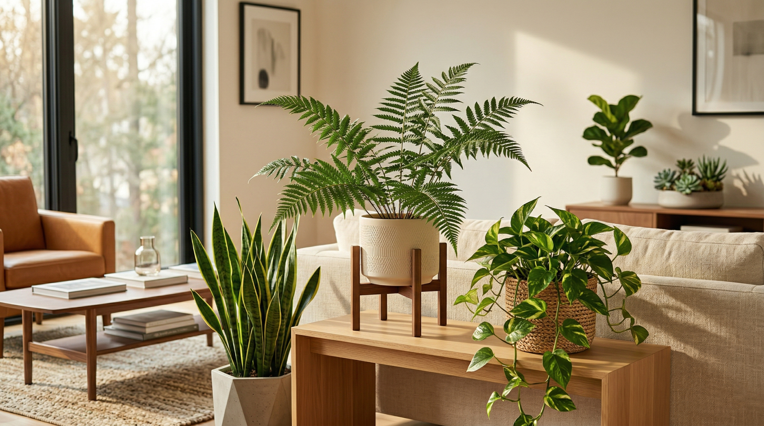 Leatherleaf fern used as indoor decor in a modern living room with natural light
