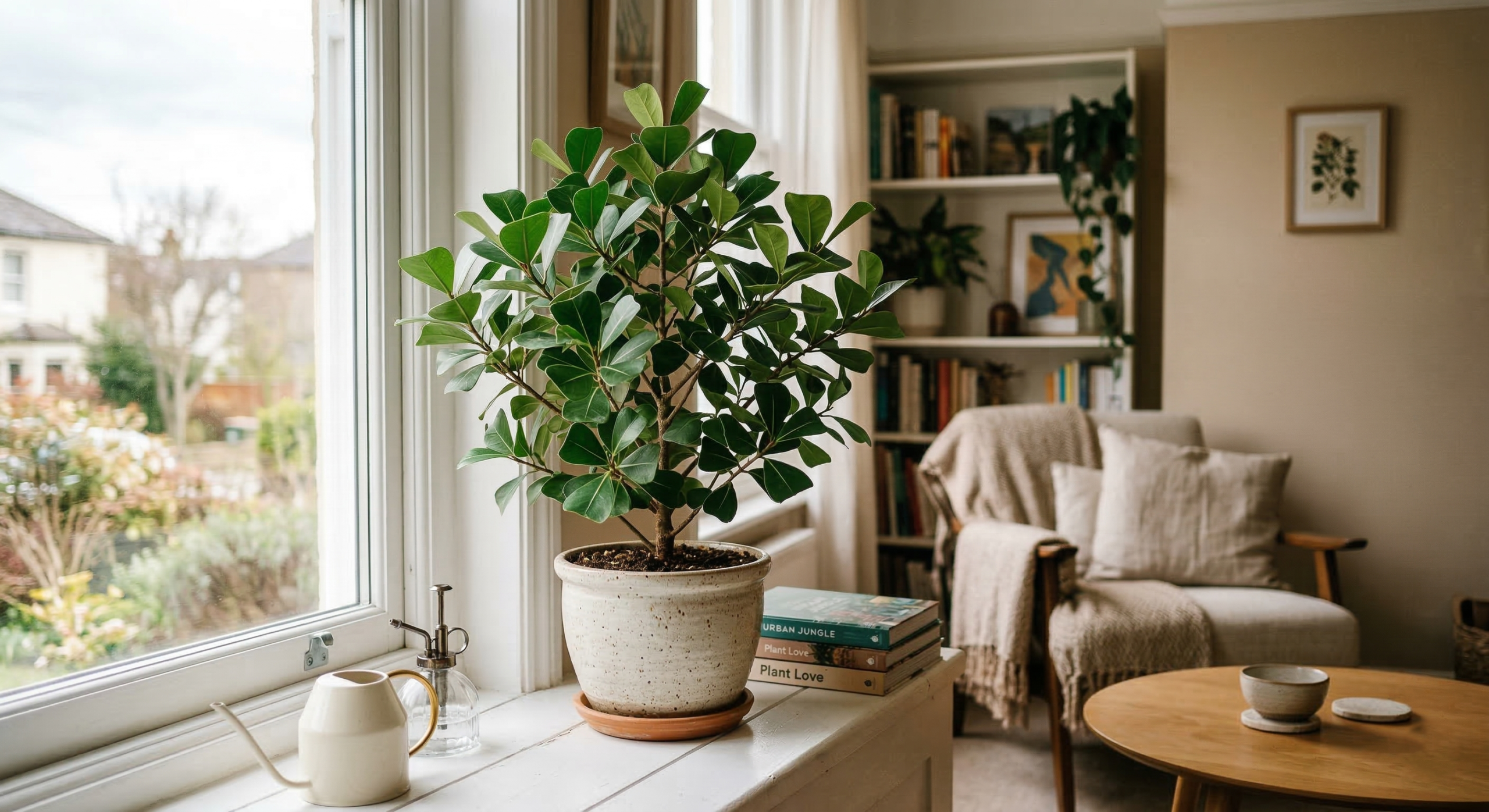 "Ficus Triangularis in bright, indirect light on a windowsill in a modern living room."