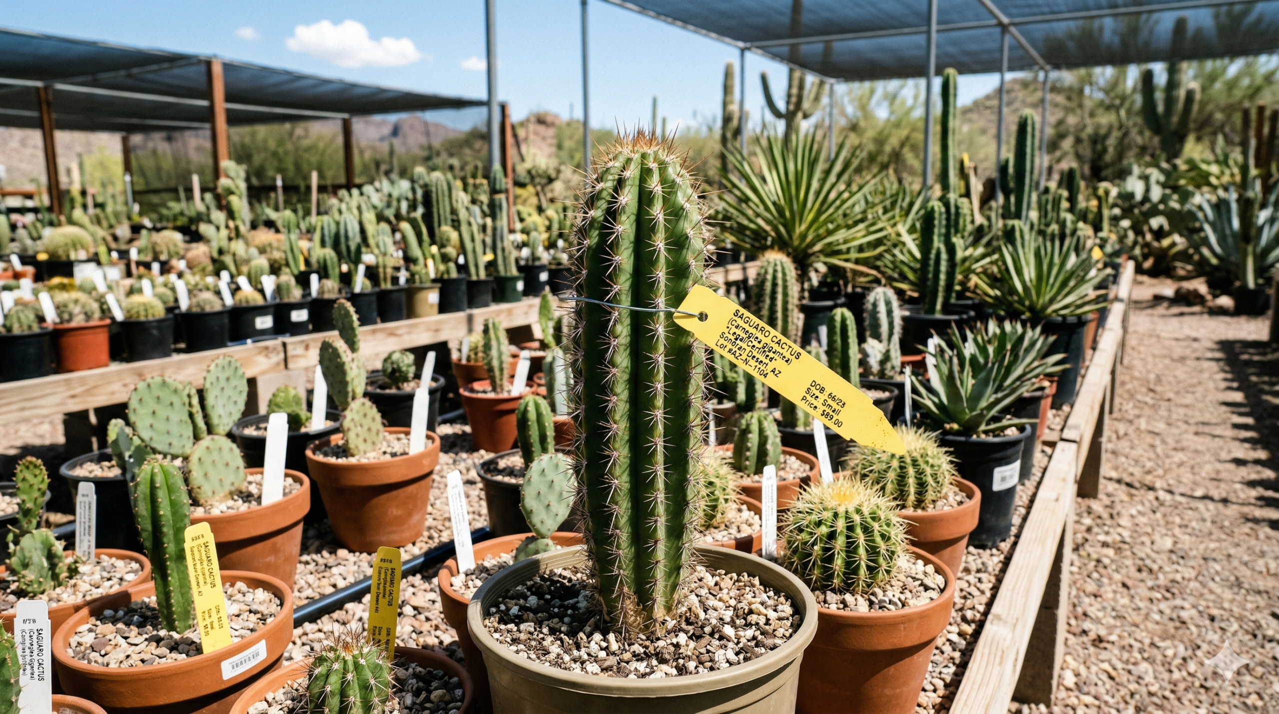 Young saguaro cactus with legal tag in licensed nursery