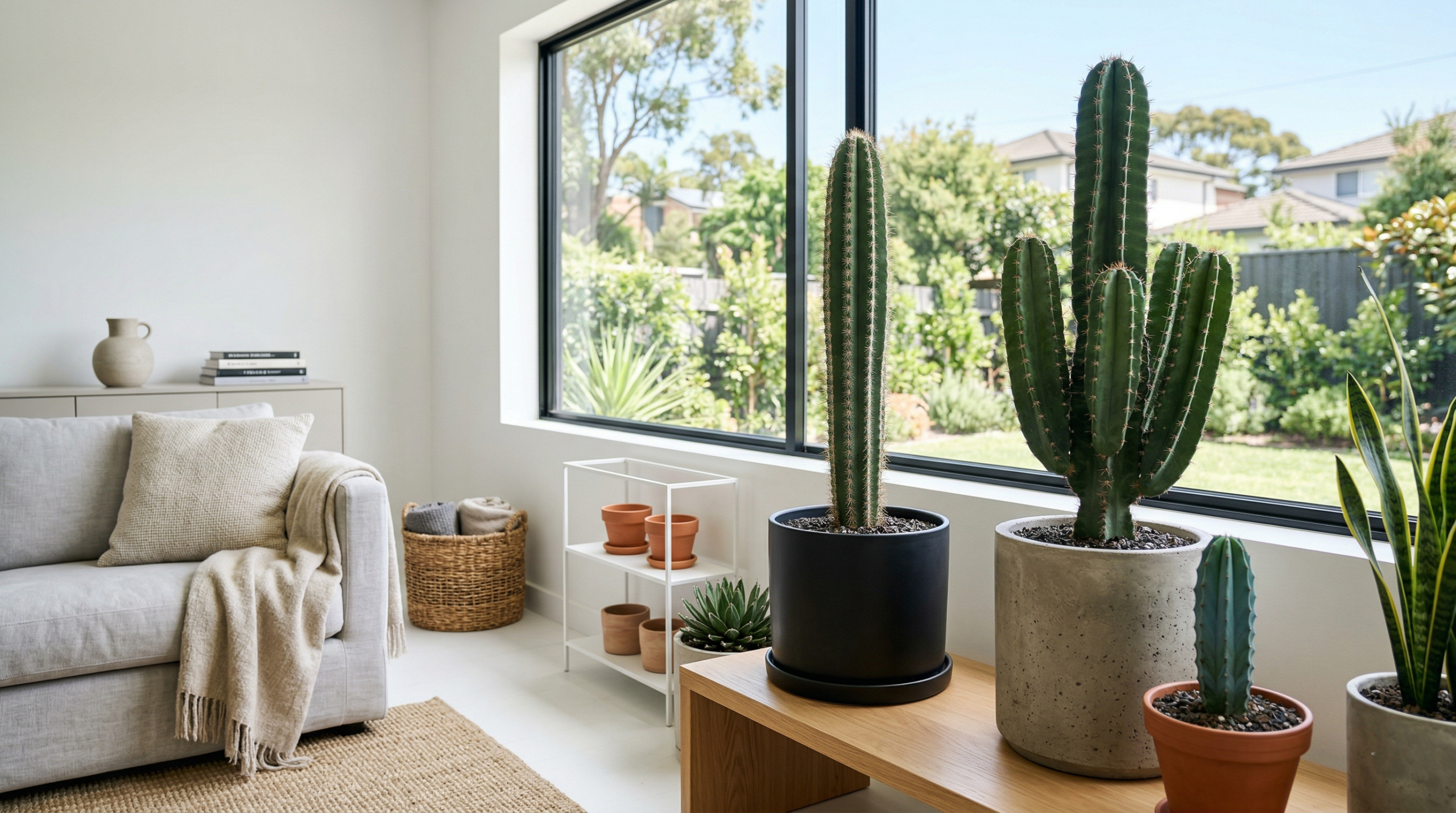 Indoor-friendly columnar cacti arranged in modern living space