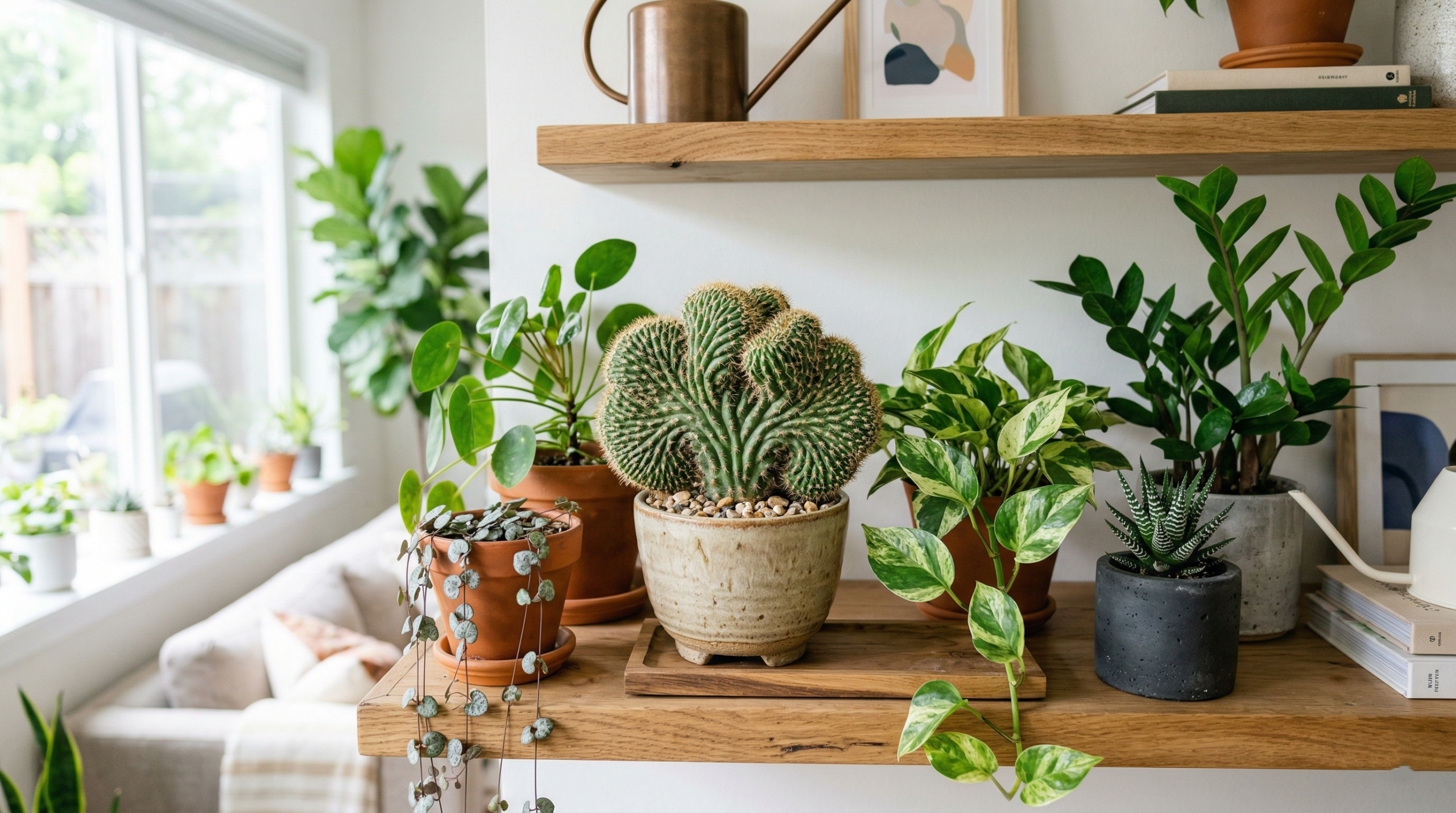 "Healthy brain cactus in a modern indoor decor with other plants."