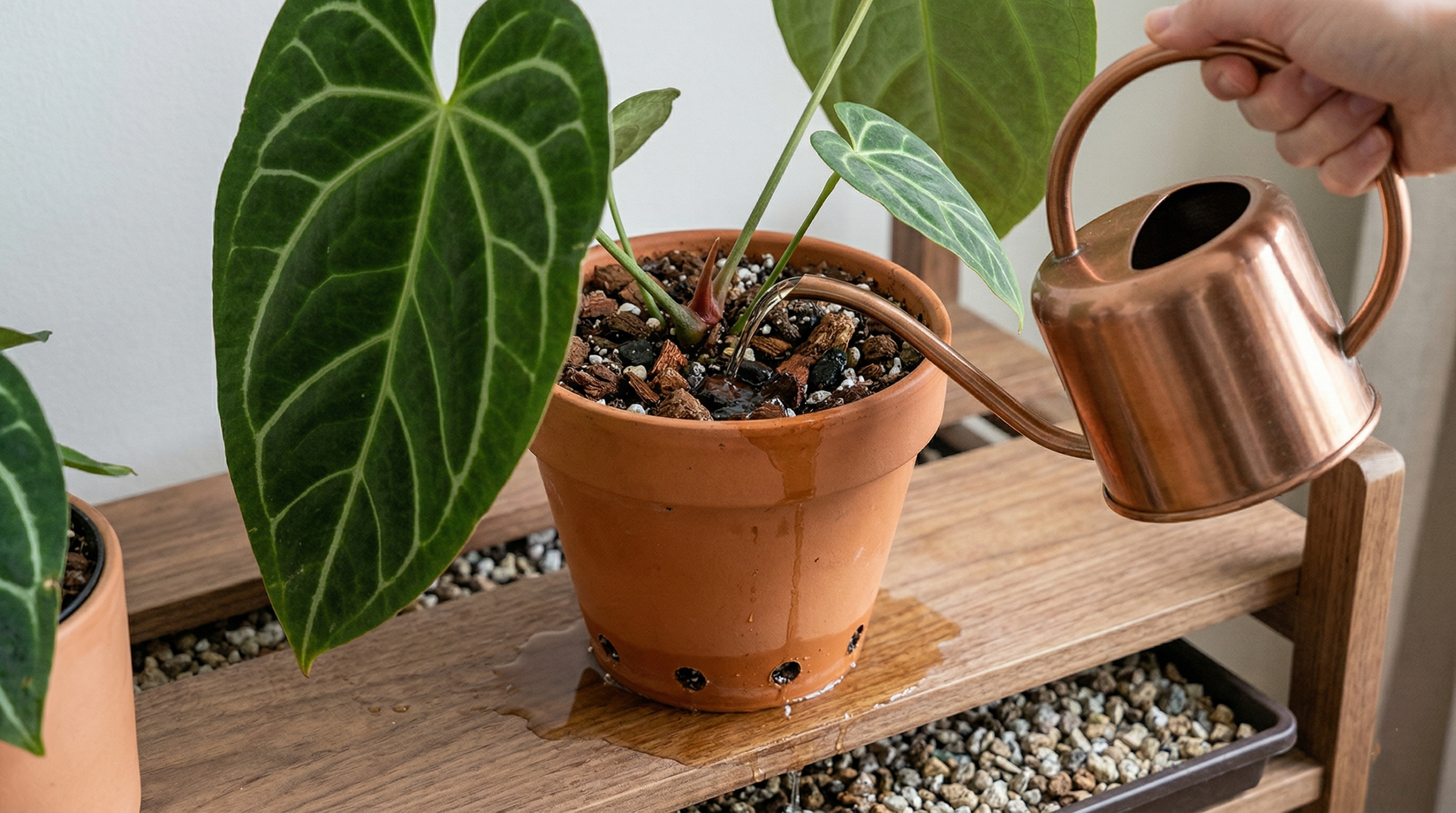 Watering anthurium magnificum plant with proper drainage