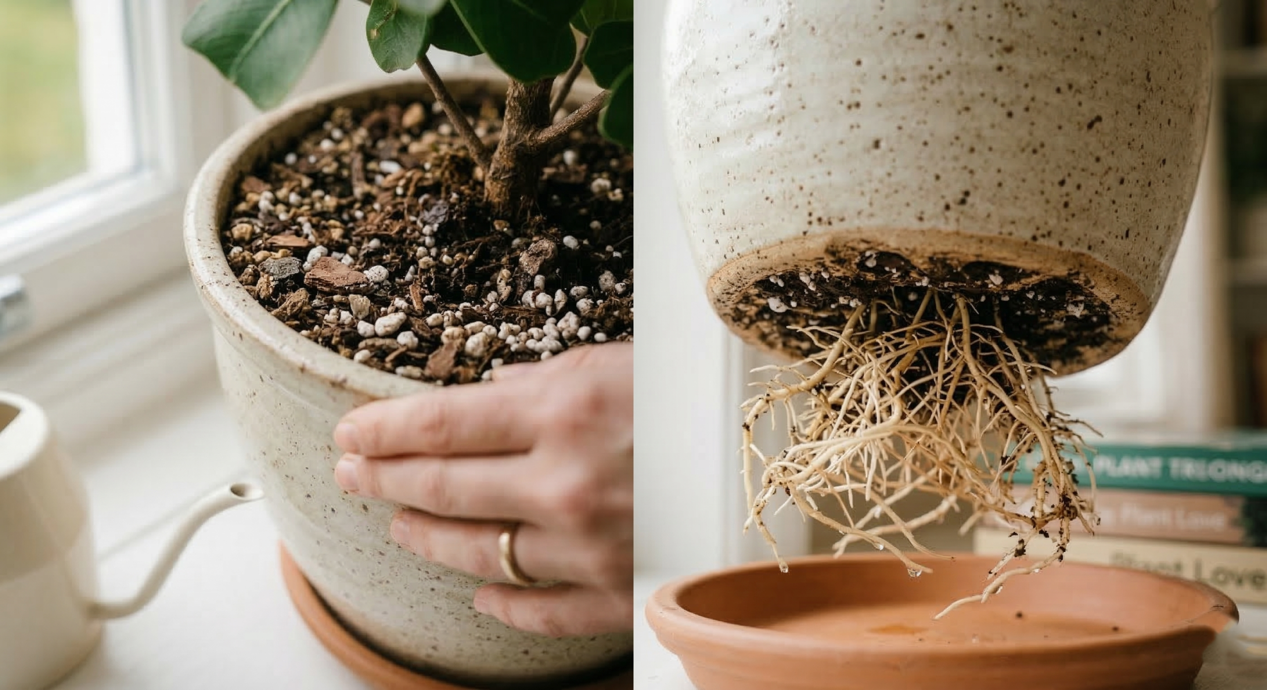 "Healthy, well-draining soil in a pot for Ficus Triangularis with visible roots."