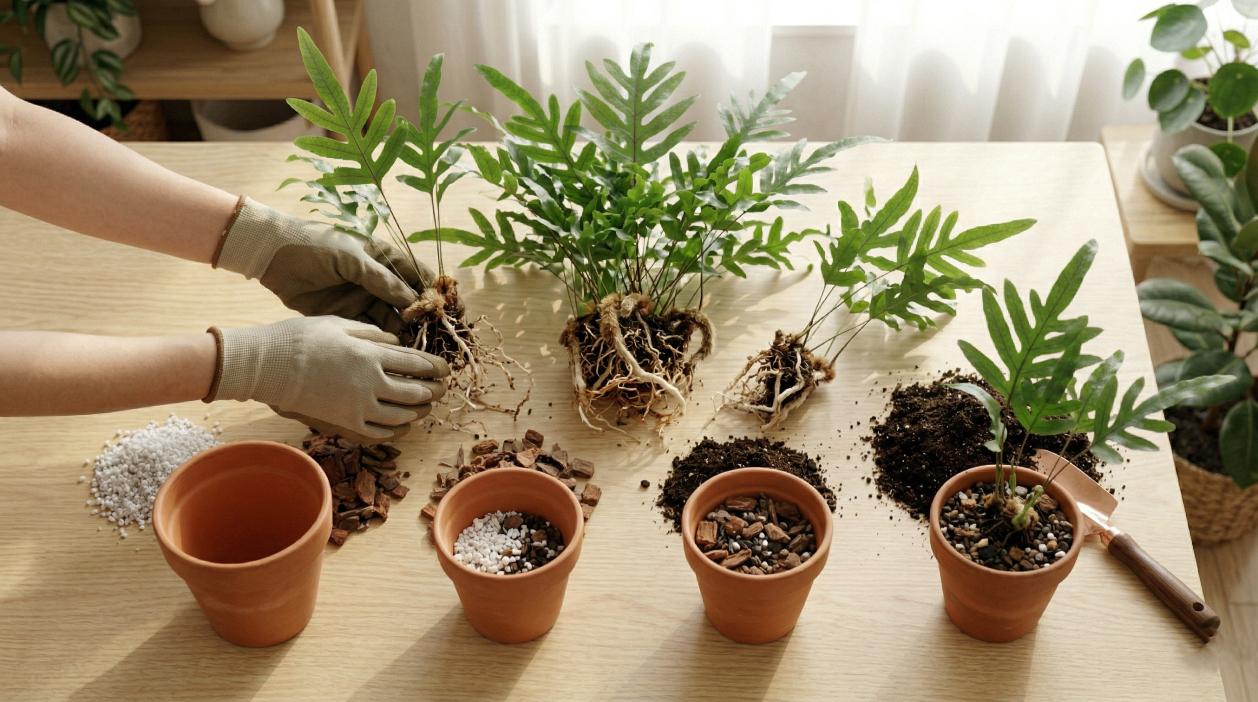 Dividing kangaroo fern roots for propagation into new pots