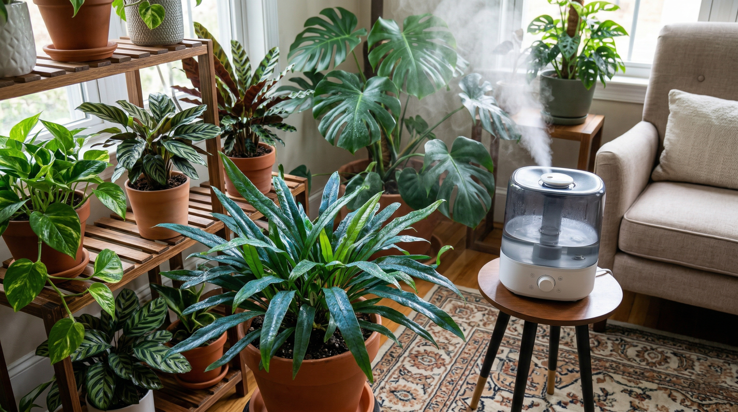 Blue oil fern in high humidity environment with humidifier and plants