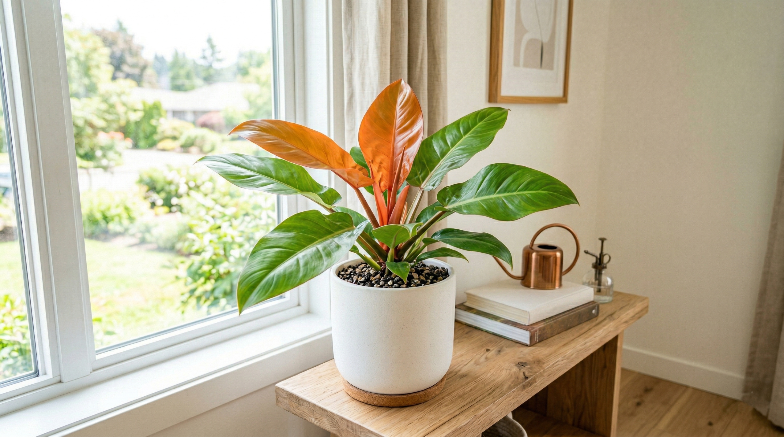 Healthy orange princess philodendron with bright orange new leaves indoors