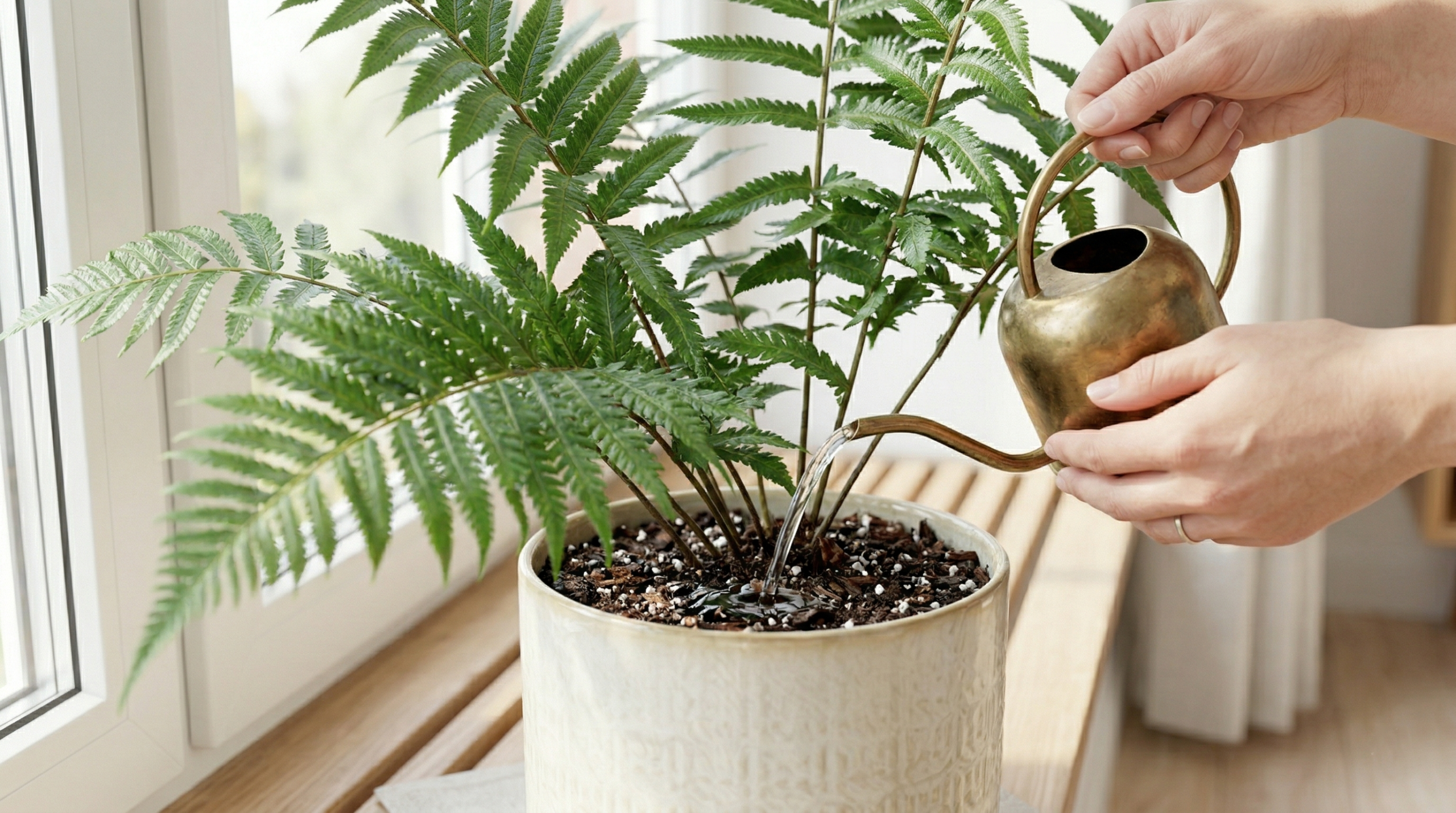 Watering leatherleaf fern with proper technique showing moist soil and drainage