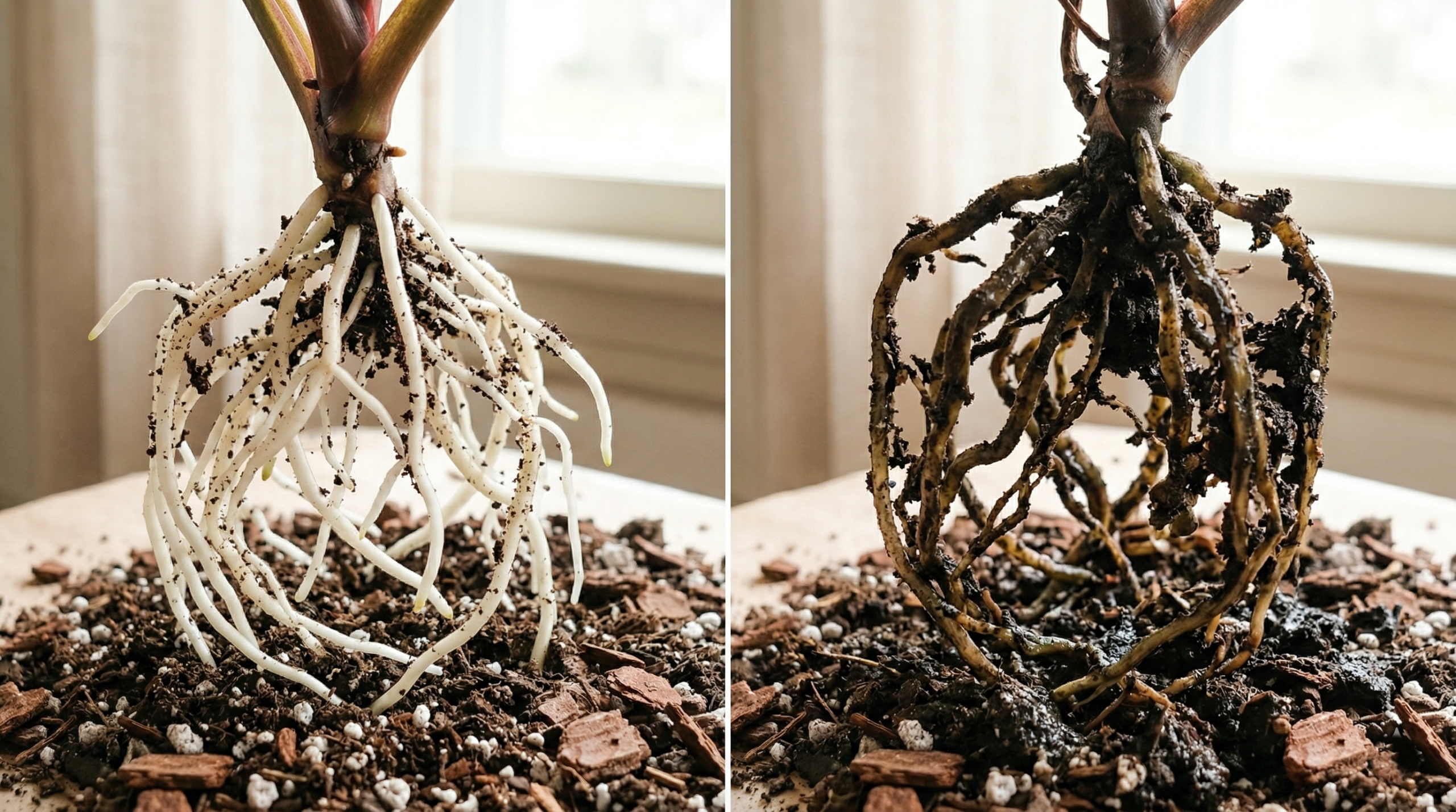 Comparison of healthy roots and root rot in houseplants