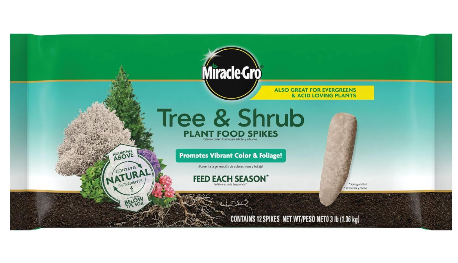  Miracle-Gro Tree and Shrub Plant Food Spikes - Deciduous, Flowering & Evergreen Tree Fertilizer Spikes, Hydrangeas, and Acid-Loving Plants, 12 Count, 3 lb.