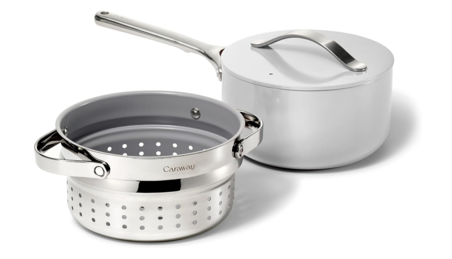 
Caraway Nonstick 3 Qt Ceramic Sauce Pan with Lid & Steamer - Non Toxic, PTFE & PFOA Free - Oven Safe & Compatible with All Stovetops (Gas,...