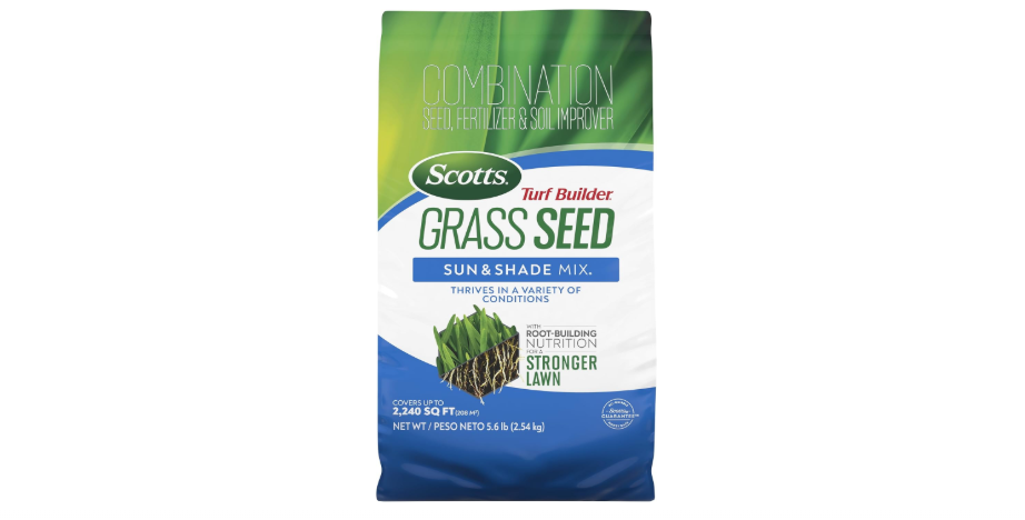 Scotts Turf Builder Grass Seed Sun & Shade Mix with Fertilizer and Soil Improver, Thrives in Many Conditions, 5.6 lbs.