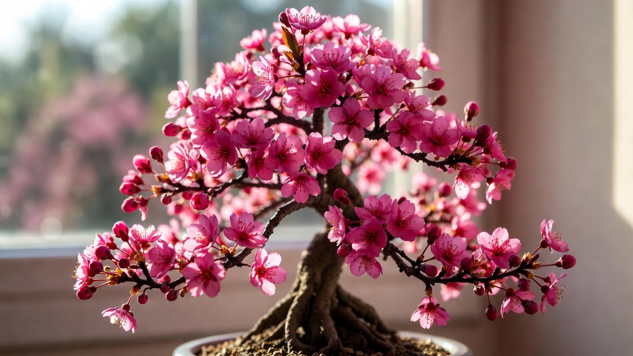 "Bonsai Cherry Blossom tree in full bloom with pink flowers on a windowsill"