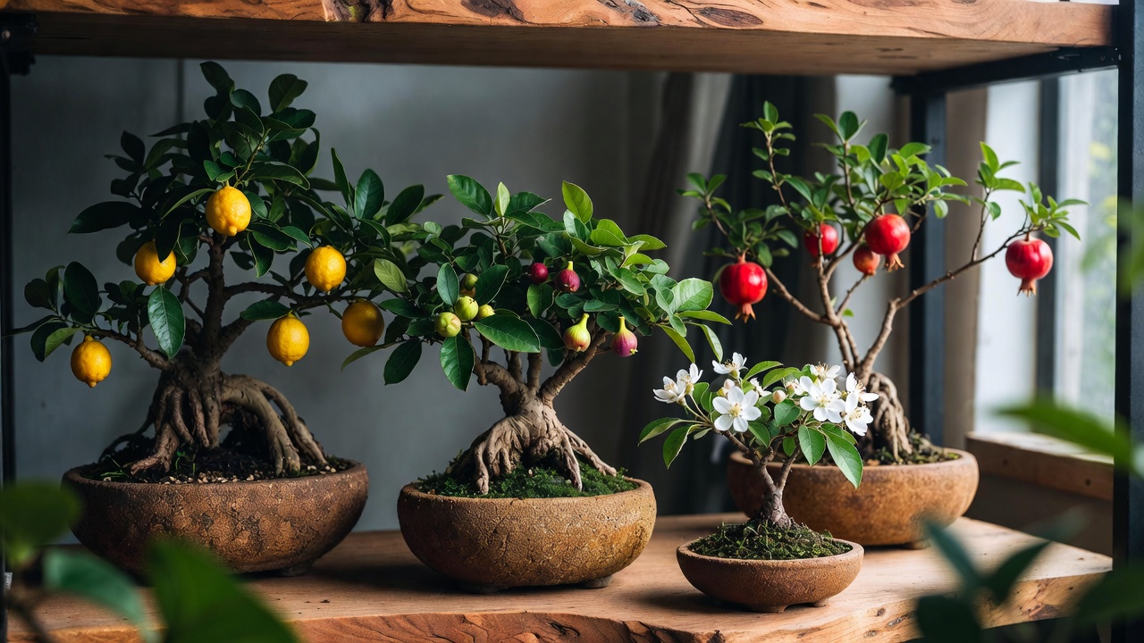 Different varieties of indoor bonsai fruit trees including citrus, fig, pomegranate, and apple