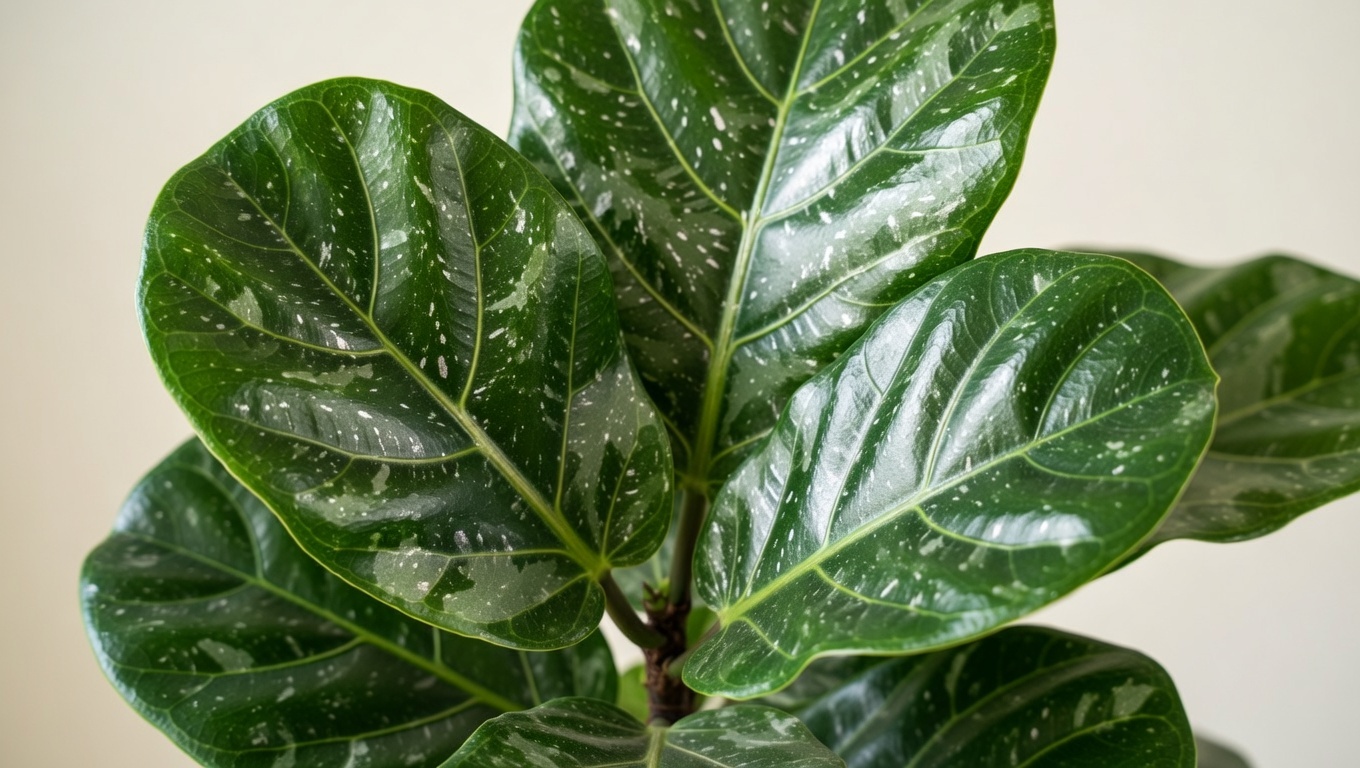 "Close-up of Ficus Shivereana leaves with striking silver streaks and glossy texture."