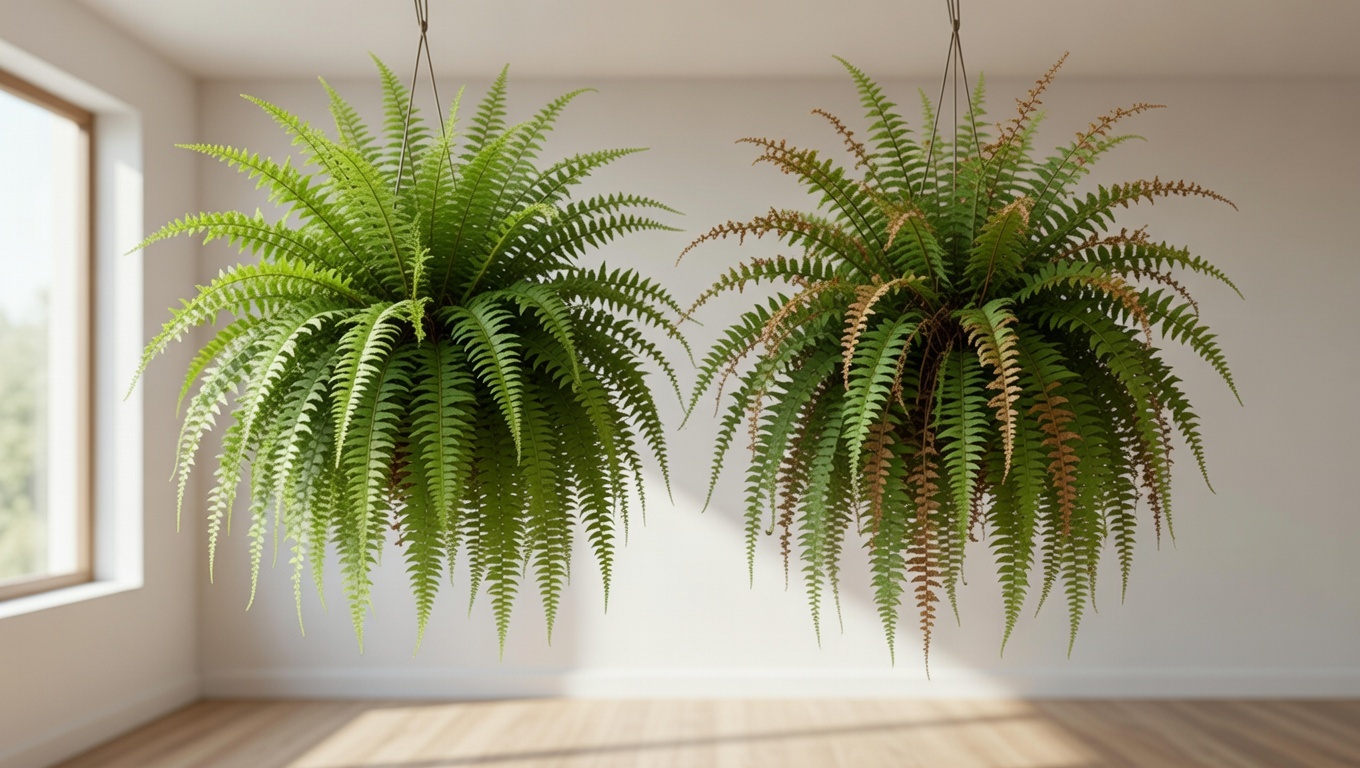 Healthy and brown hanging ferns comparison indoors showing humidity stress symptoms