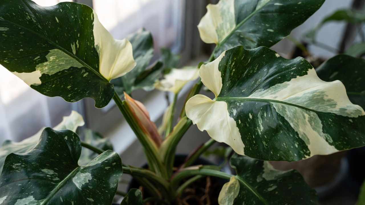 White Knight Philodendron plant with white variegated leaves and burgundy stems