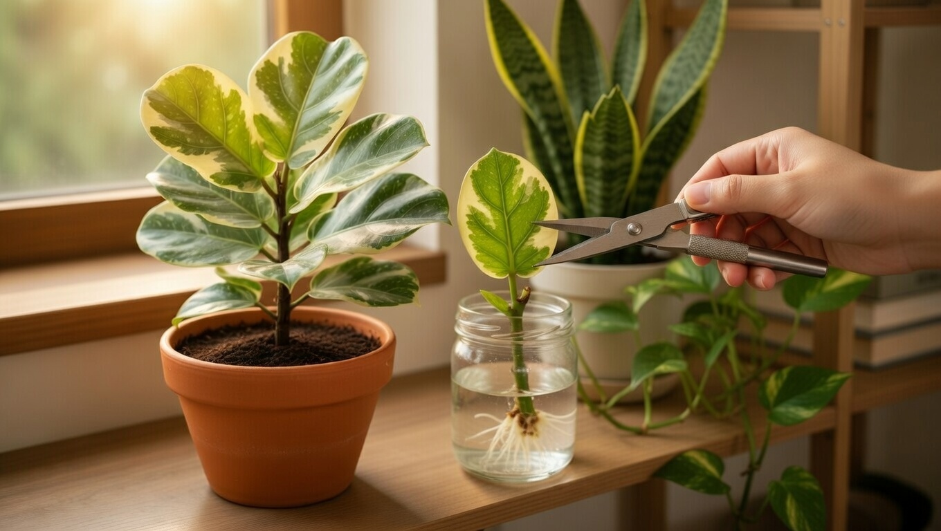 "Person propagating Ficus Shivereana using stem cuttings in water for new growth."