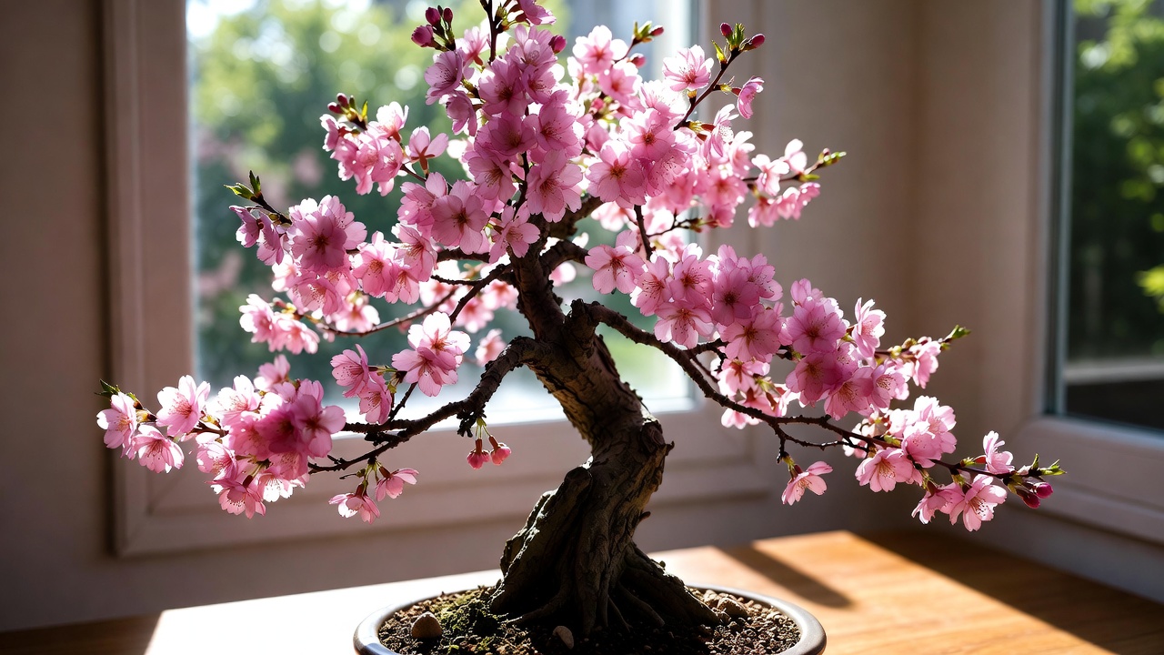 Sakura bonsai tree in full bloom placed indoors near a bright window
