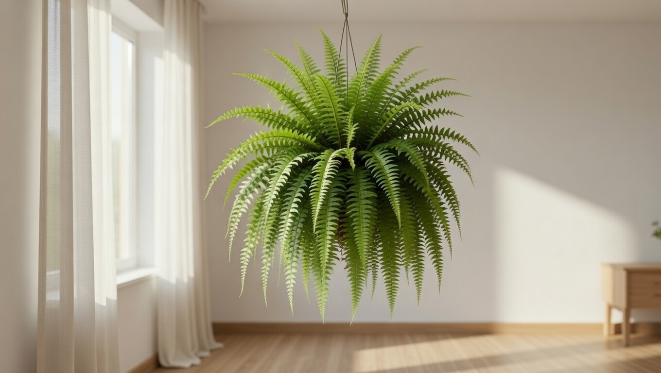 Hanging fern in bright indirect light near window indoors