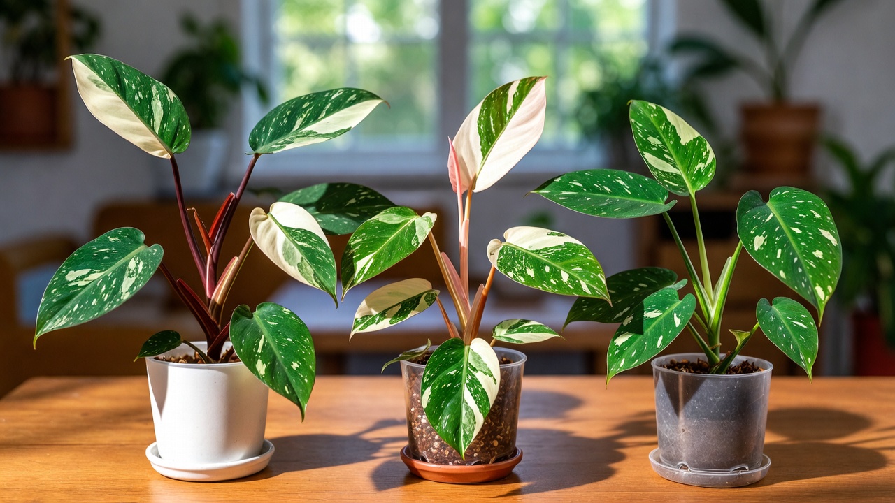 Comparison of White Knight, White Princess, and White Wizard philodendron plants