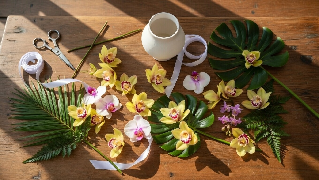 Florist arranging orchid bouquet with tools and fresh flowers.