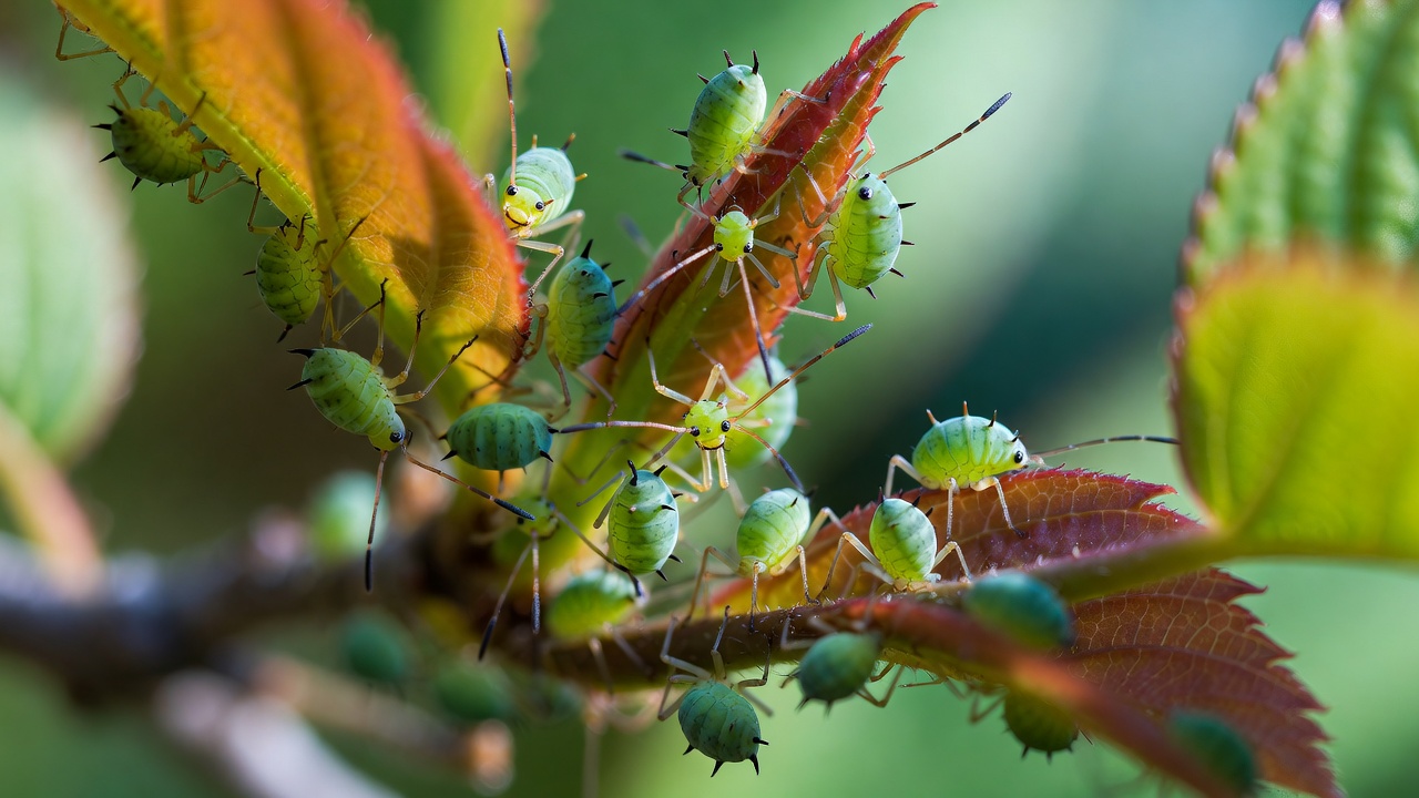 Aphids infestation on sakura bonsai leaves close-up