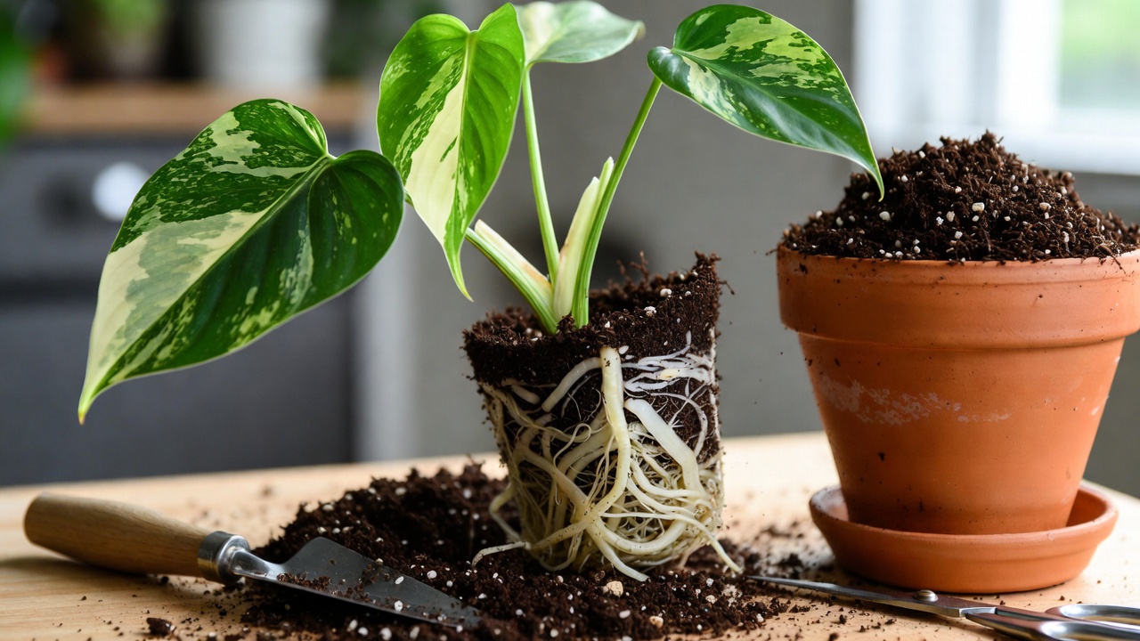 Step-by-step repotting of Philodendron White Wizard showing healthy roots and aroid soil mix