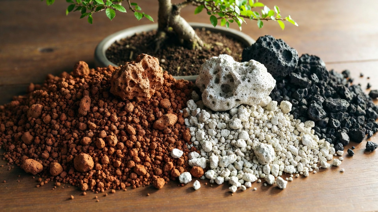 Well-draining bonsai soil mix with akadama pumice and lava rock for crepe myrtle bonsai