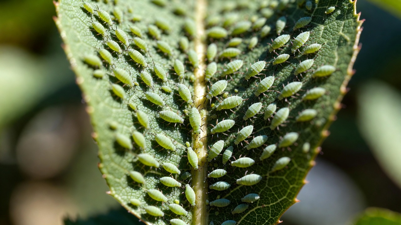 Close-up of aphids on a bonsai fruit tree leaf causing plant stress