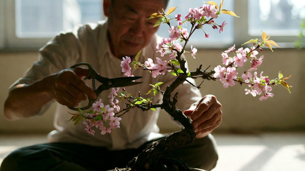 "Pruning a Bonsai Cherry Blossom tree using bonsai shears indoors"