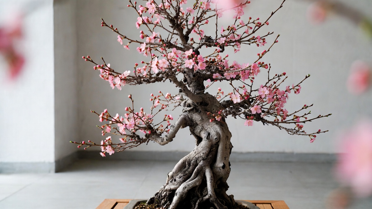 Informal upright style sakura bonsai with curved trunk design