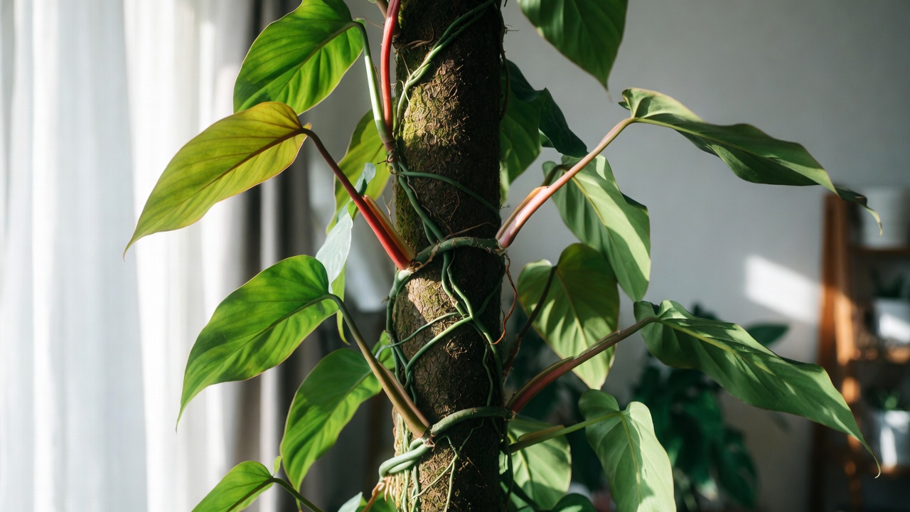 Philodendron red emerald climbing a moss pole indoors