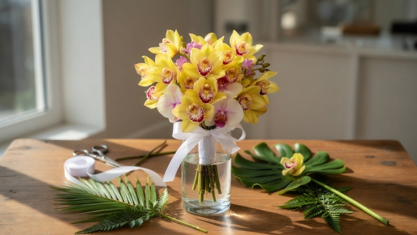 Fresh orchid bouquet in a vase placed in bright indoor light.