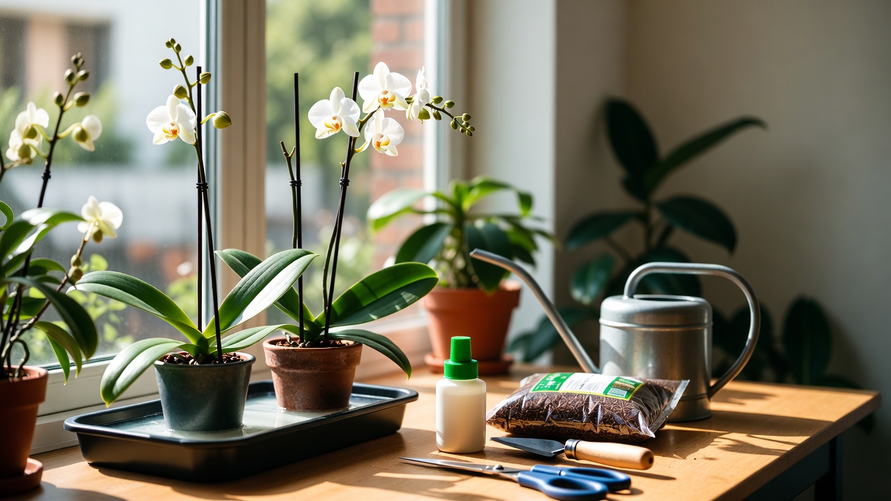 Indoor orchid care setup with humidity tray and orchid plants near window
