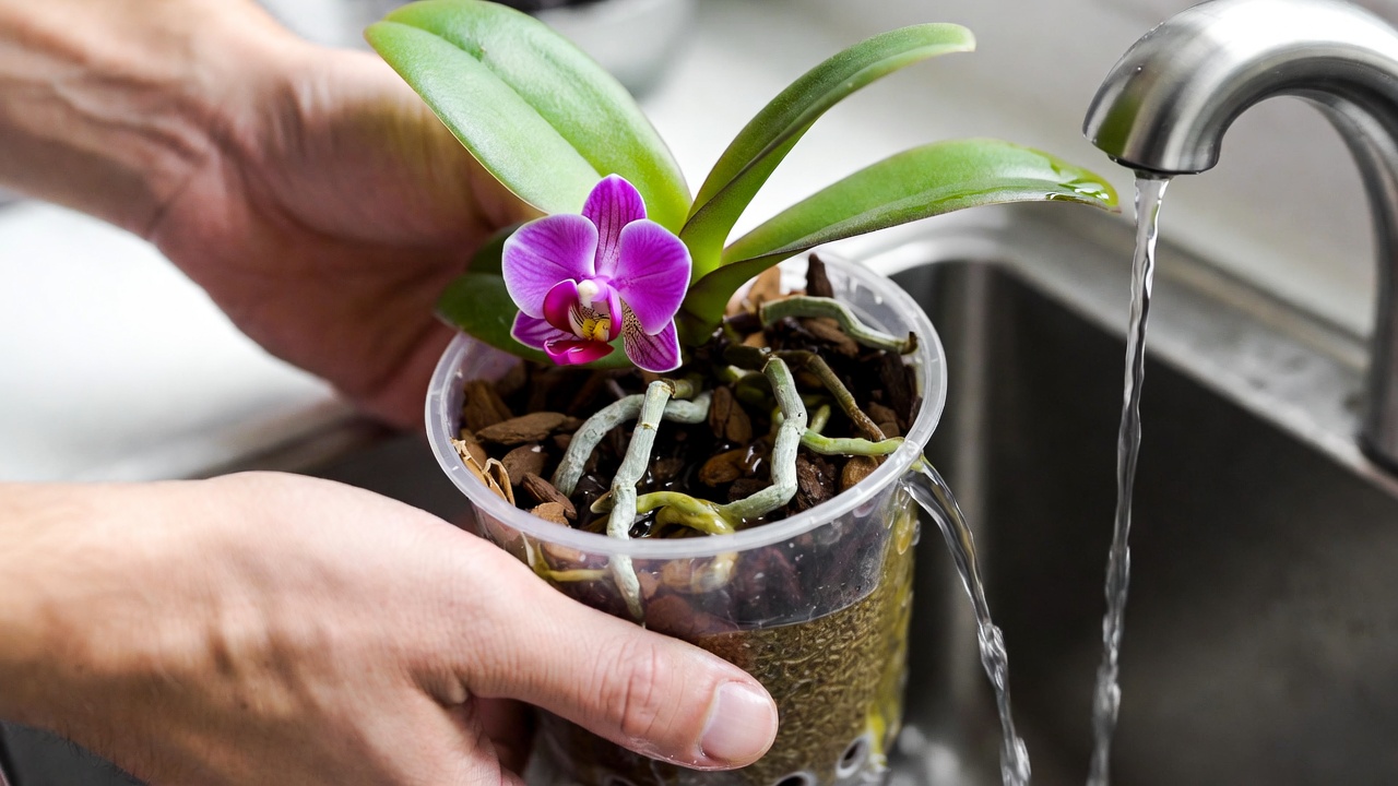 Watering a purple orchid plant using the soak and drain method