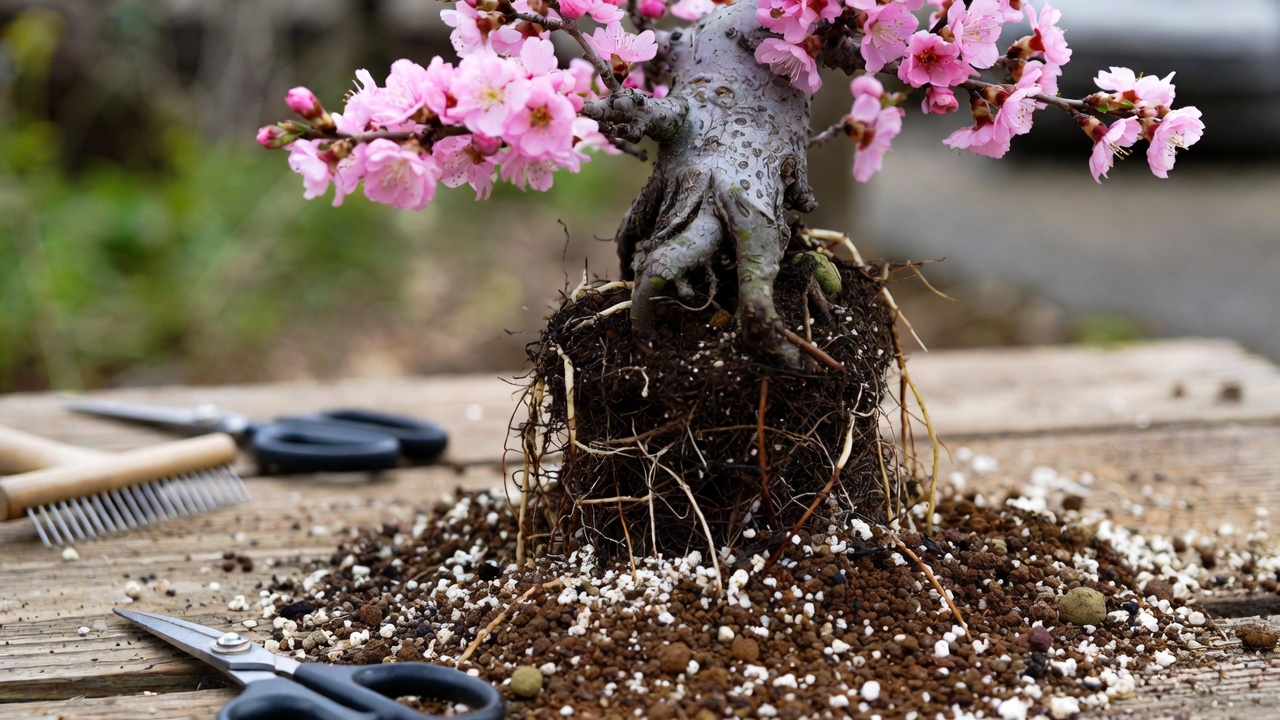 Repotting a sakura bonsai with well-draining bonsai soil mix