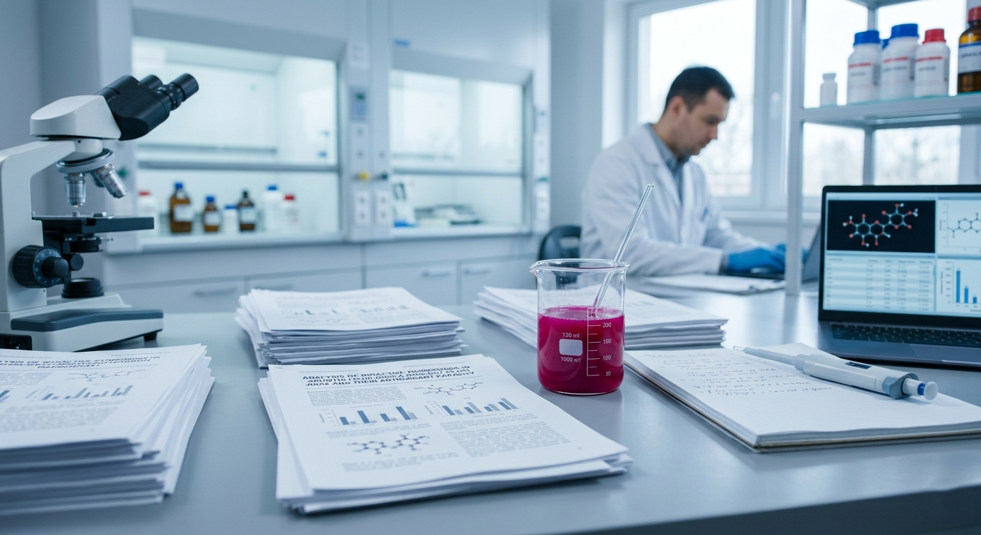 "Scientific research on cactus prickly pear juice, with research papers and a glass of juice in the laboratory."
