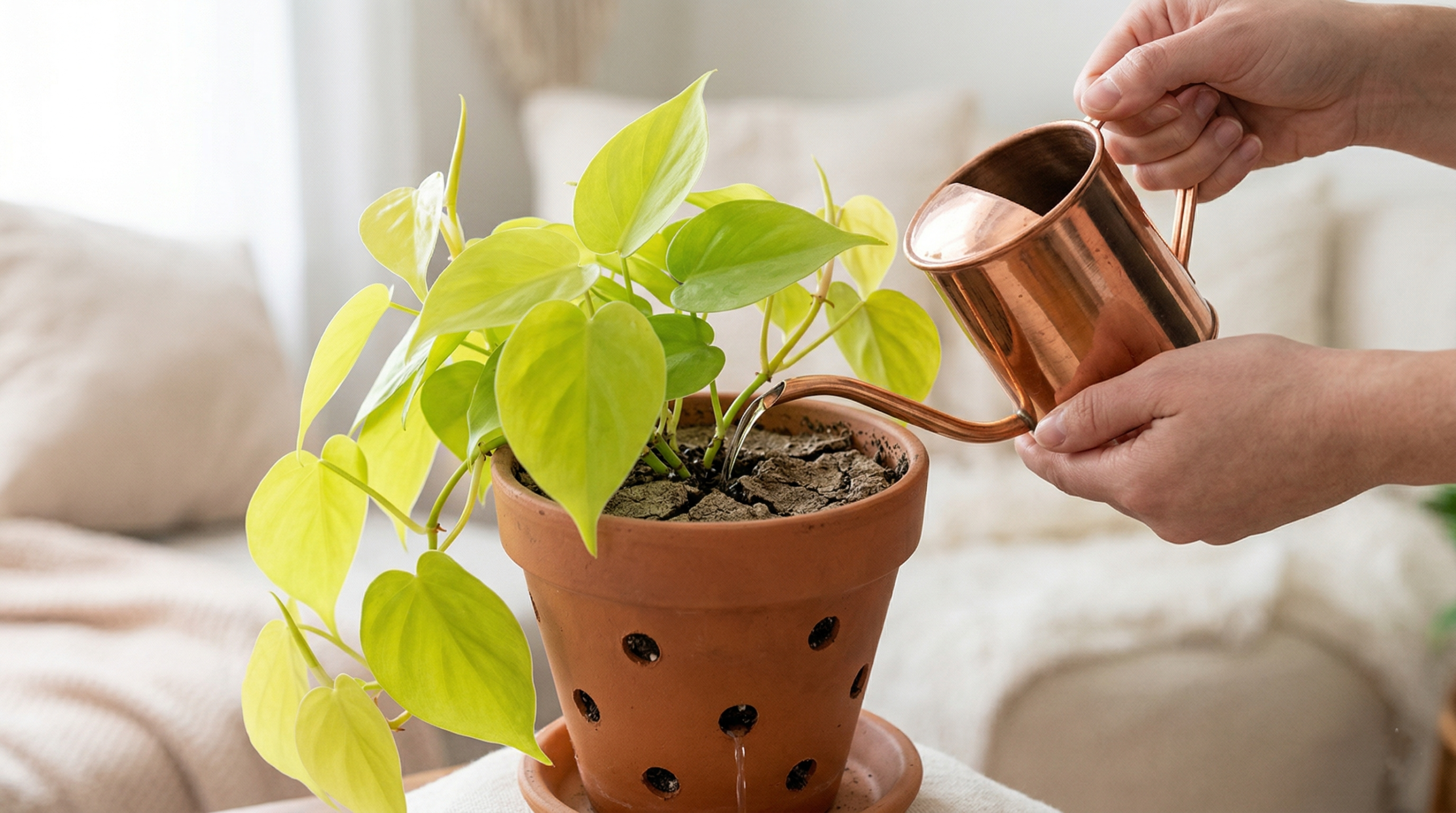 "Proper watering technique for Lemon Lime Philodendron."
