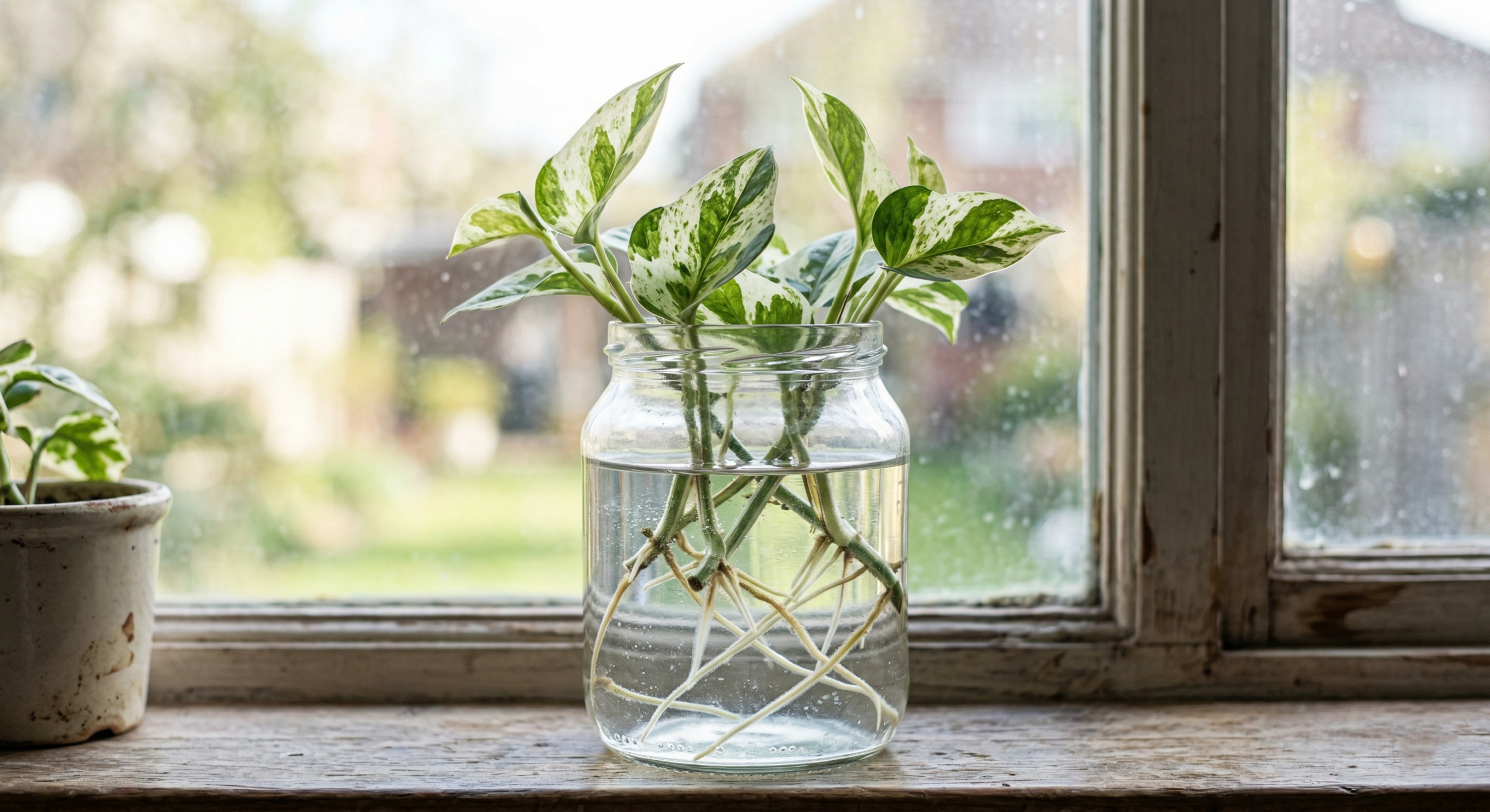 "Glacier Pothos cuttings rooting in water, placed on a windowsill with sunlight."