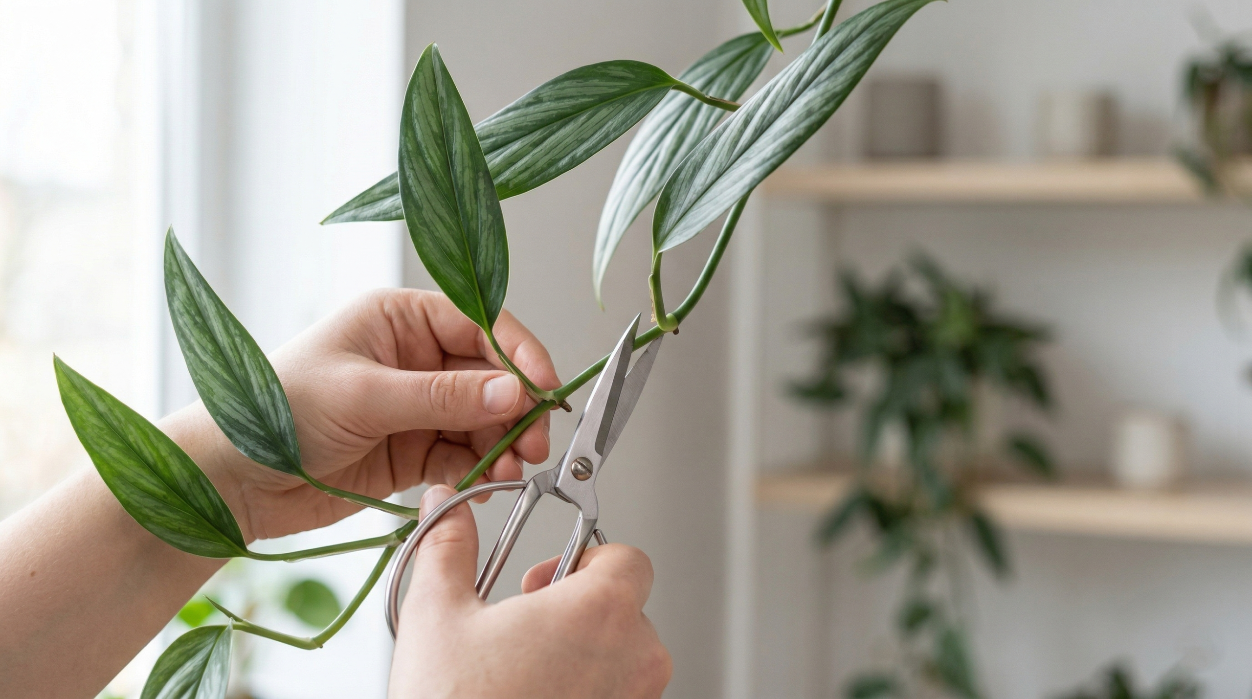 Pruning Silver Streak Pothos with scissors to maintain healthy growth.